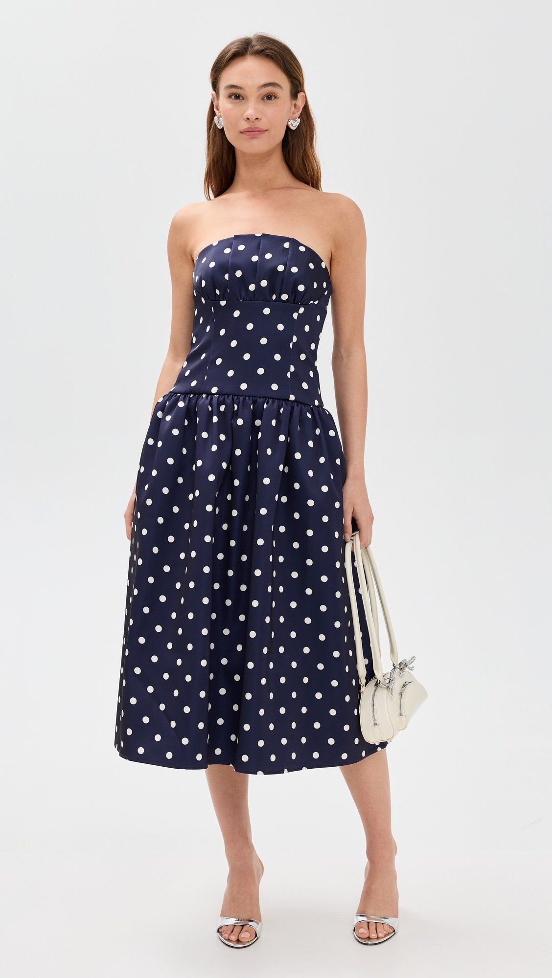 Navy Polka Dot Satin Midi Dress - 4