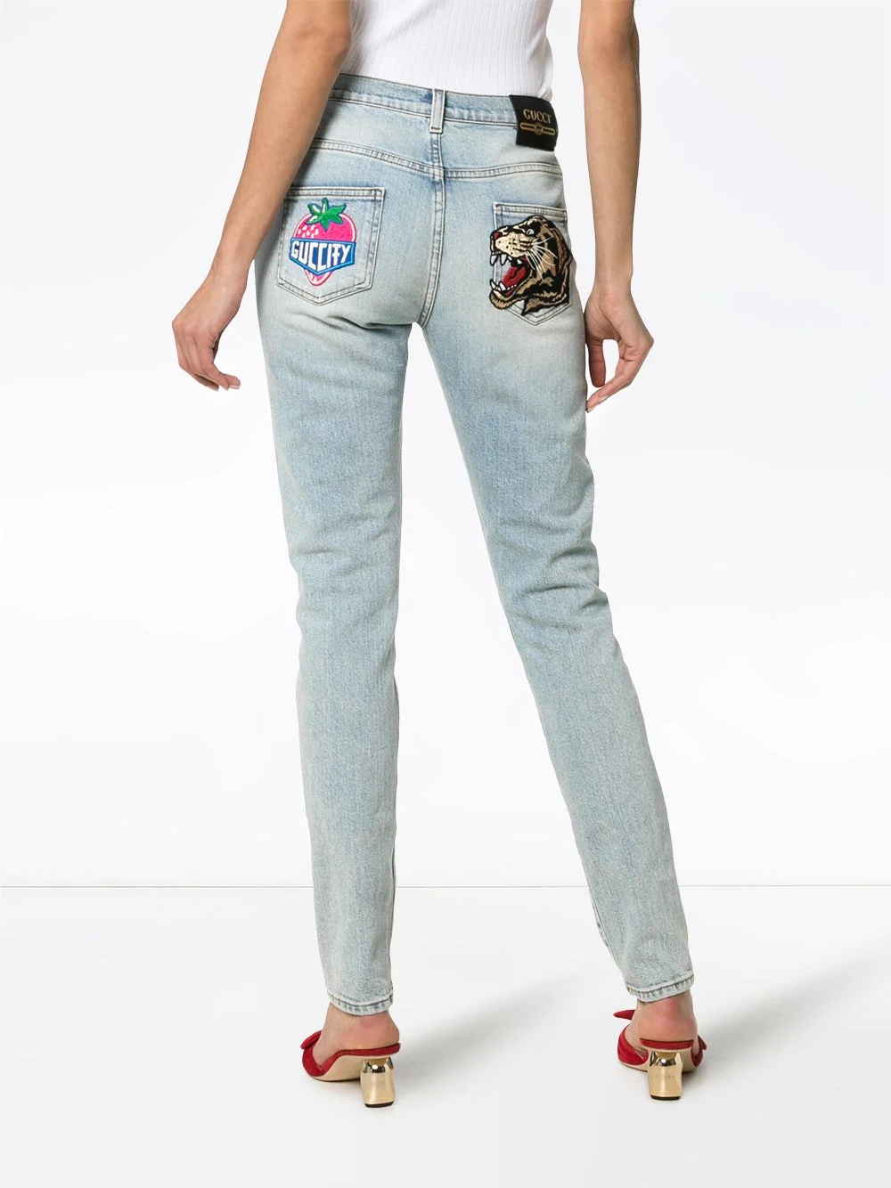 embroidered strawberry leopard skinny jeans - 4