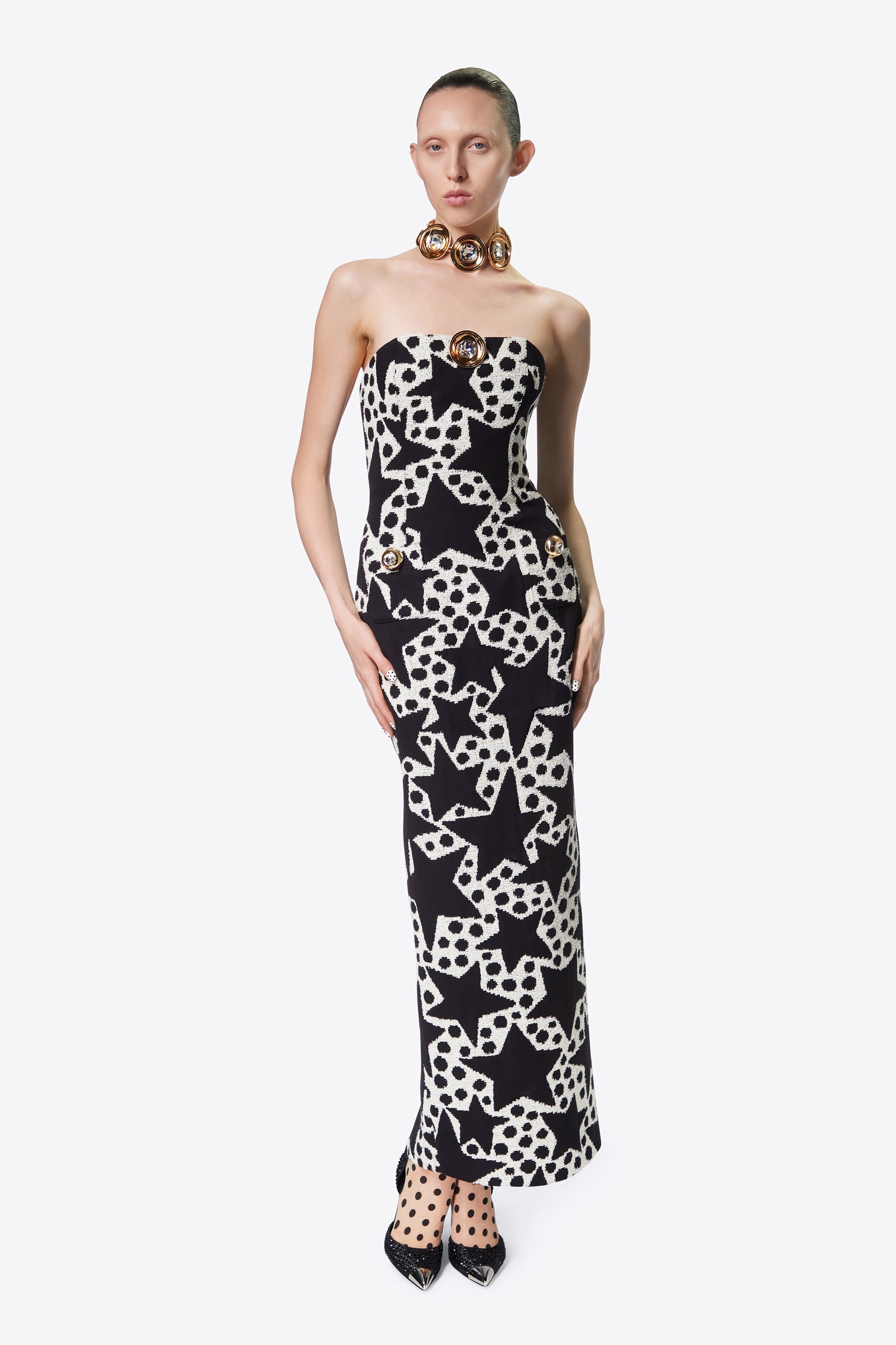 CRYSTAL MEDALLION STRAPLESS DRESS - 3