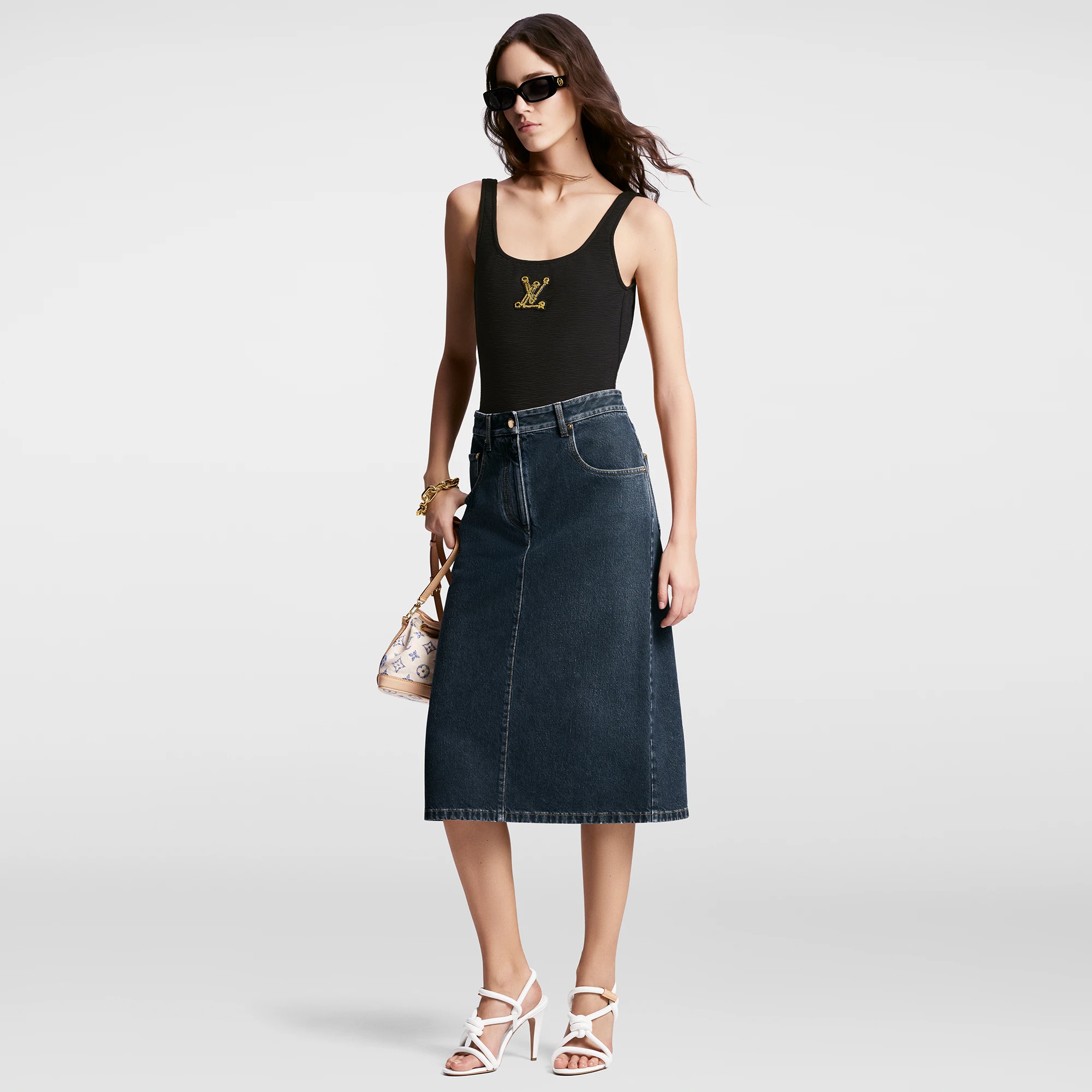 Nautical LV Patch Denim Midi Skirt - 4