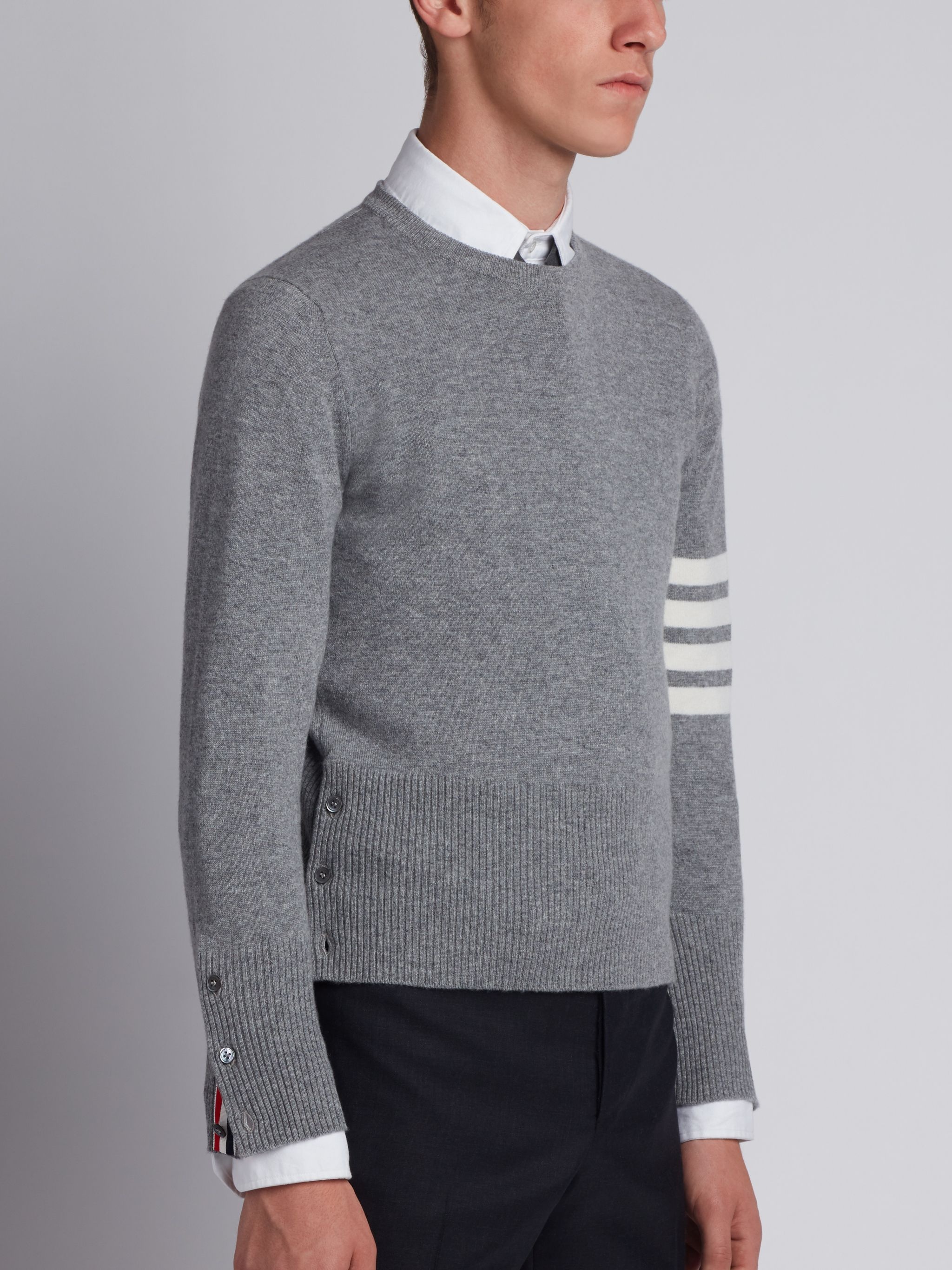 Light Grey Cashmere 4-bar Crew Neck Pullover - 2