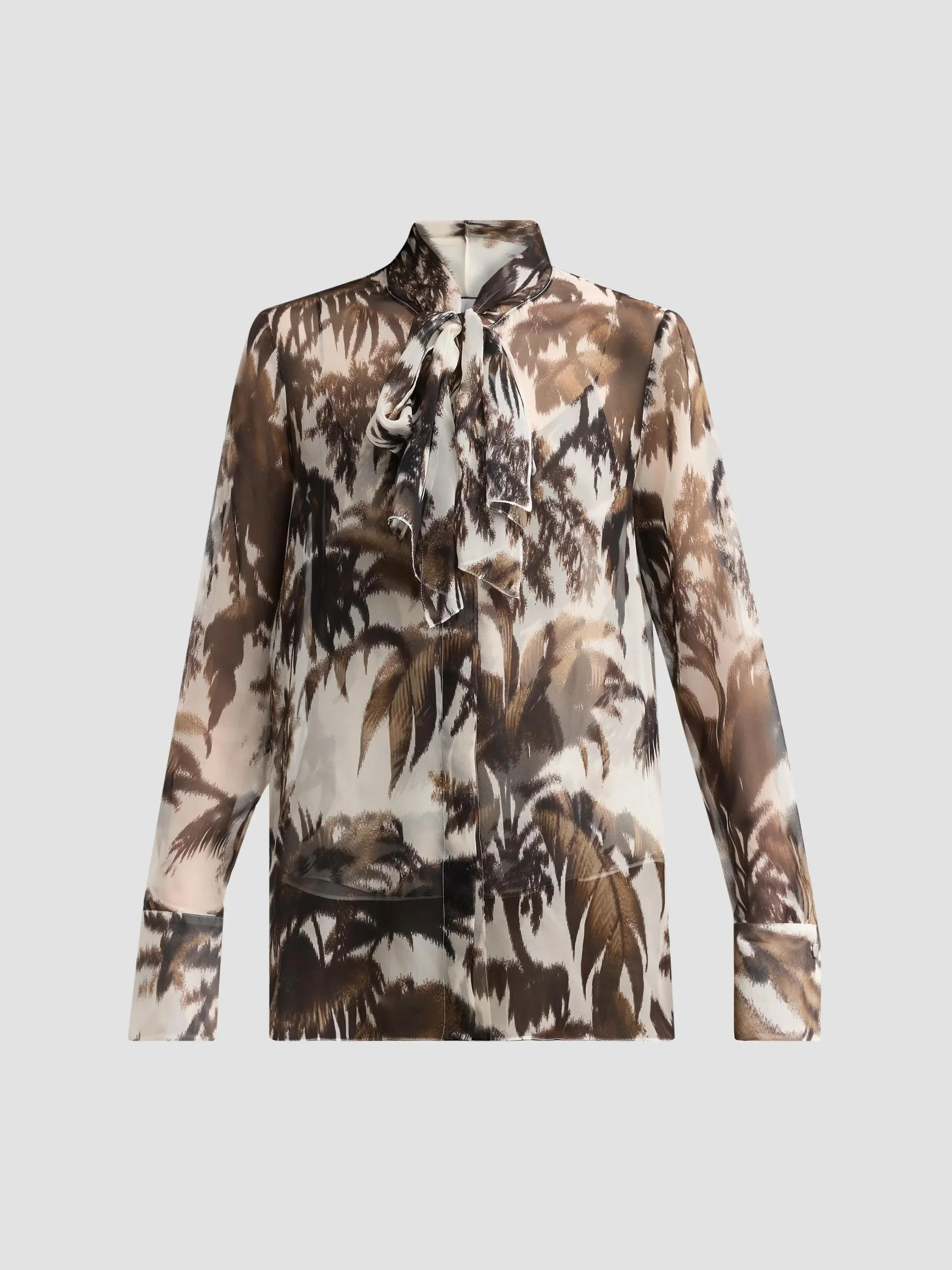 Women's Palm Leaves Silk Chiffon Blouse - Espresso Ivory - 1