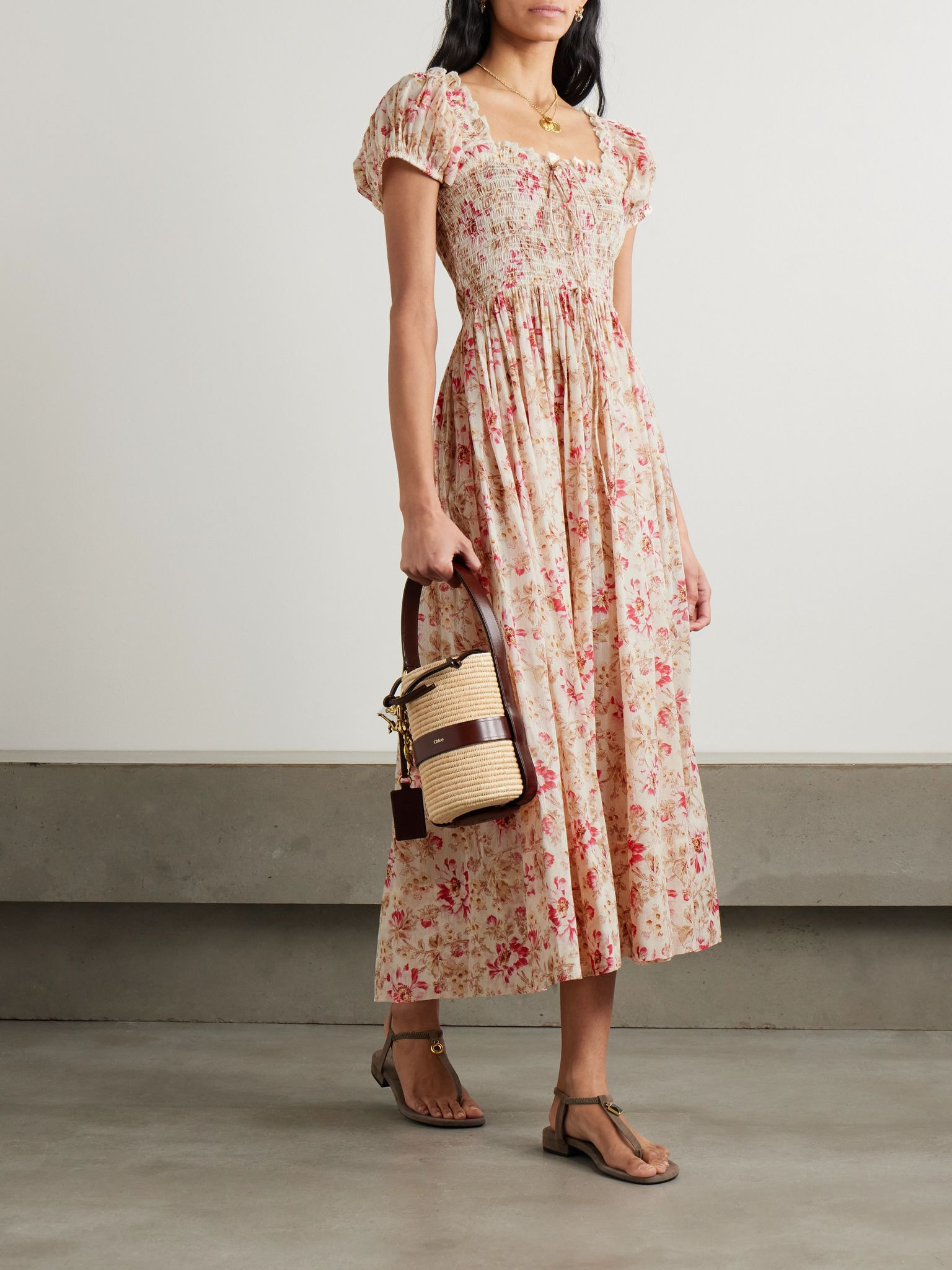 Stanza lace-trimmed floral-print organic cotton-voile midi dress Multi - 2