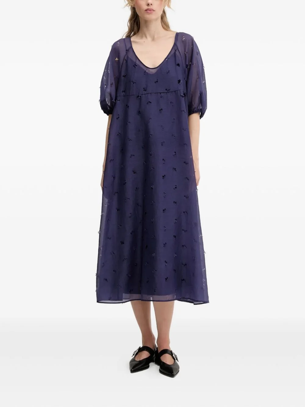 puff-sleeve floral-cut midi dress - 1