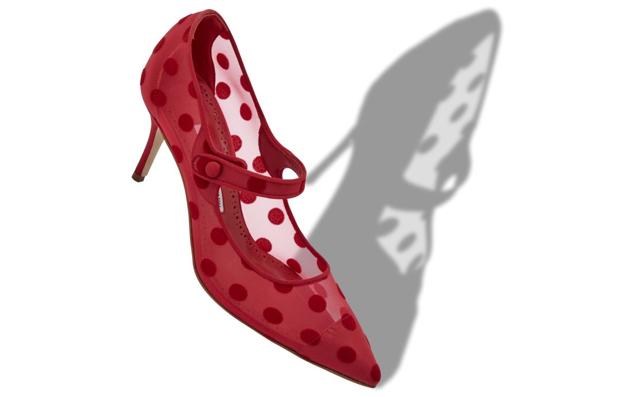 Red Mesh Polka Dot Pointed Toe Pumps - 2