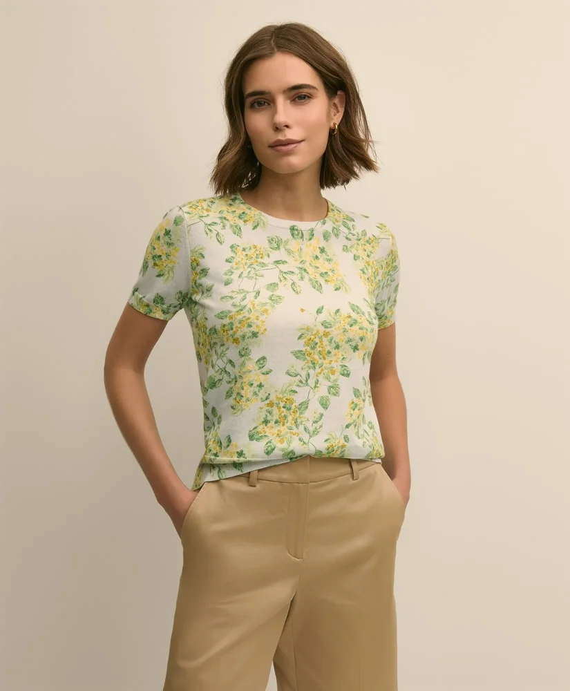 Cotton Floral Short-Sleeve Shell Sweater - 1