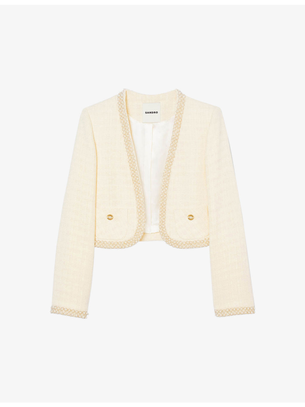 Faux pearl-embellished tweed-textured cotton-blend jacket - 1