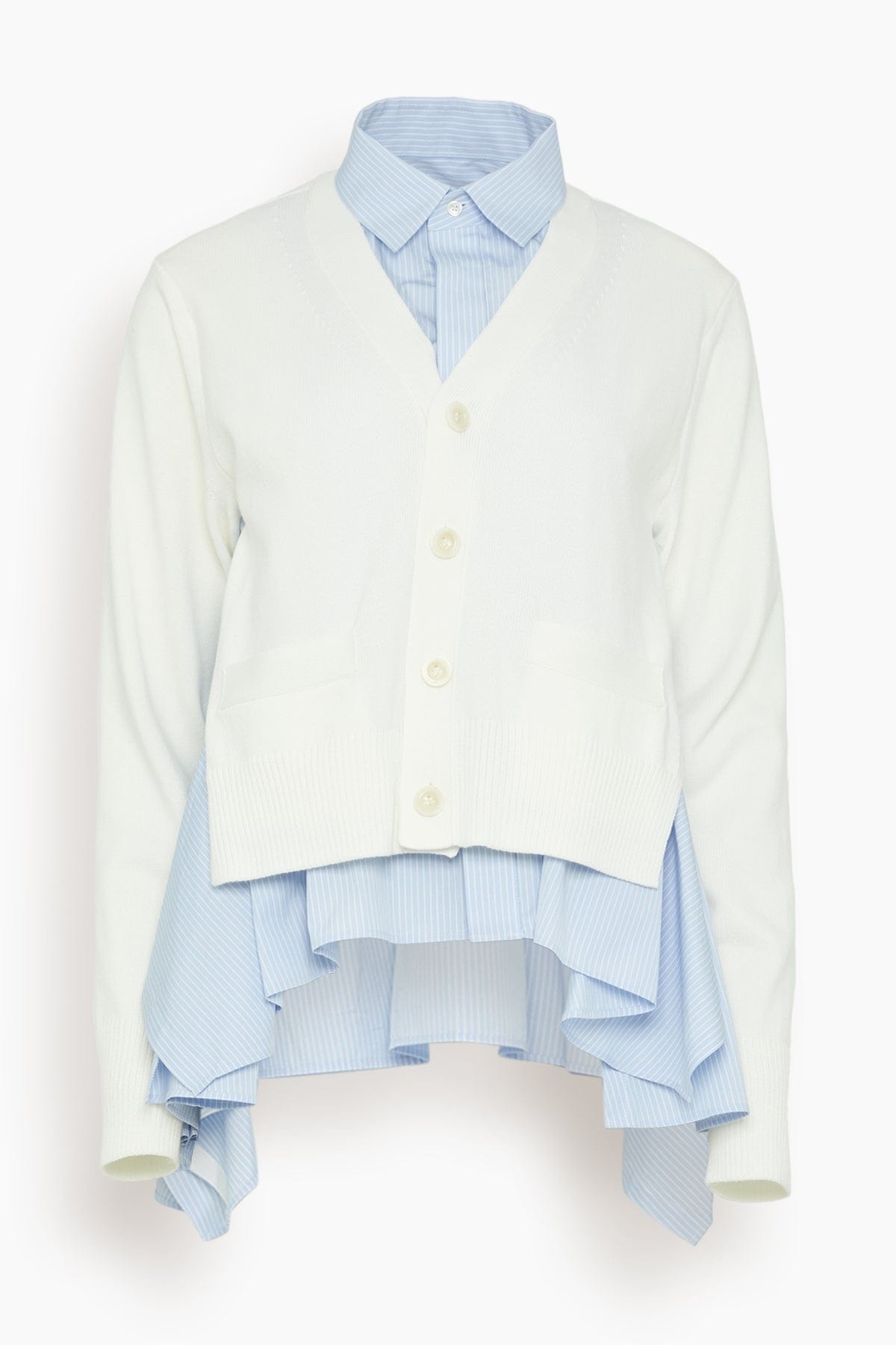 Cotton Poplin x Knit Cardigan in Off White and Light Blue - 1
