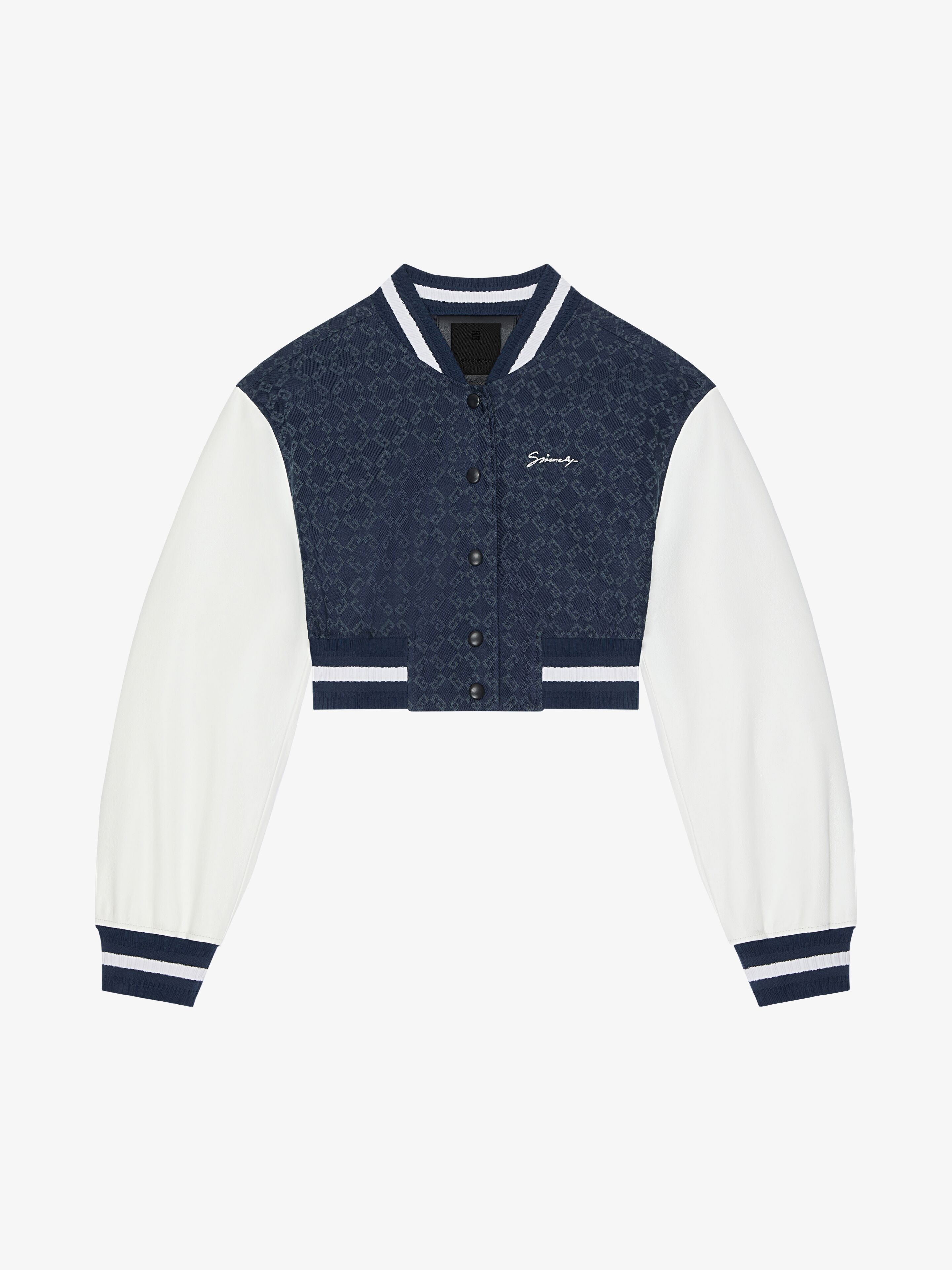 CROPPED VARSITY JACKET IN DENIM MONOGRAM 72 AND LEATHER - 1