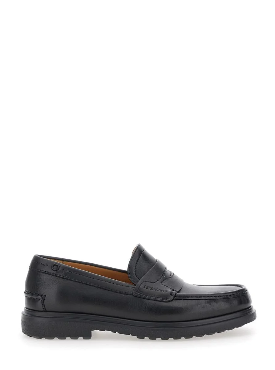 Salvatore Ferragamo 'Brema' Black Loafers With Tonal Stitching And Almond Toe In Leather Man - 1