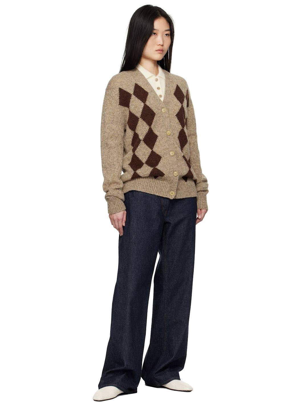 Beige & Brown Shetland Argyle Cardigan - 4
