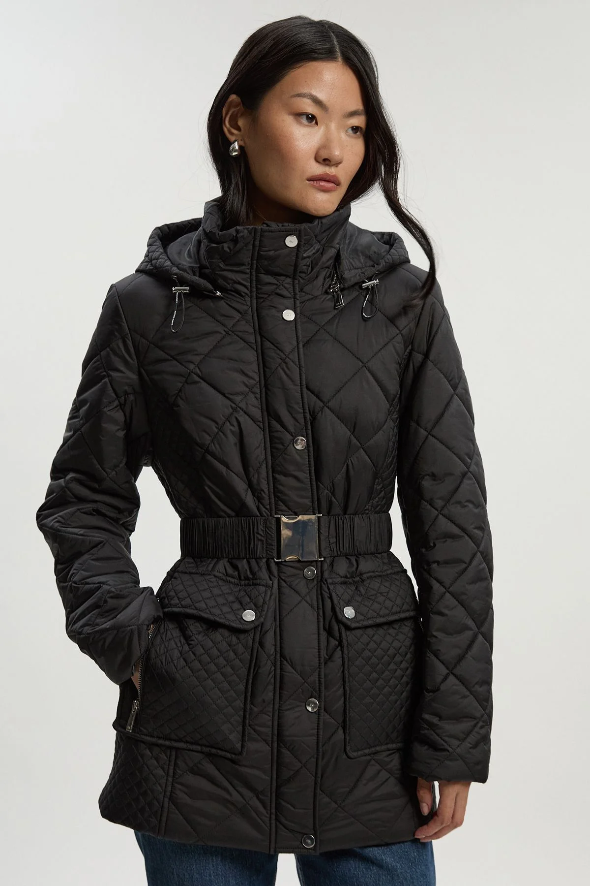 Diamond Quilted Belted Short Padded Coat - 1