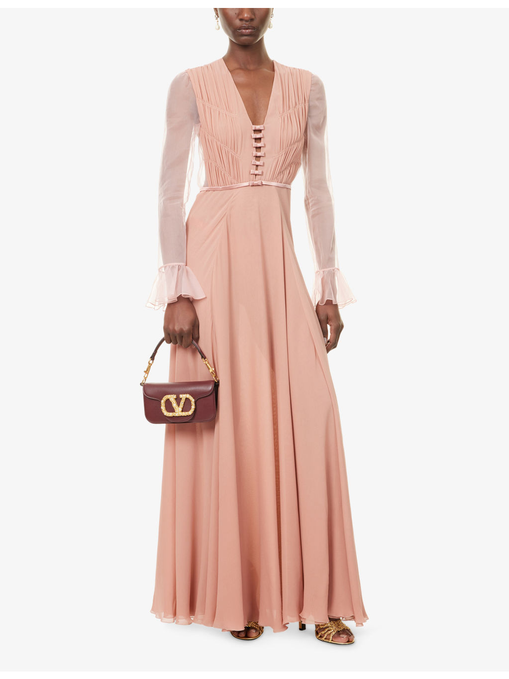 Shirred-Bodice Sheer-Sleeve Silk Gown - 2