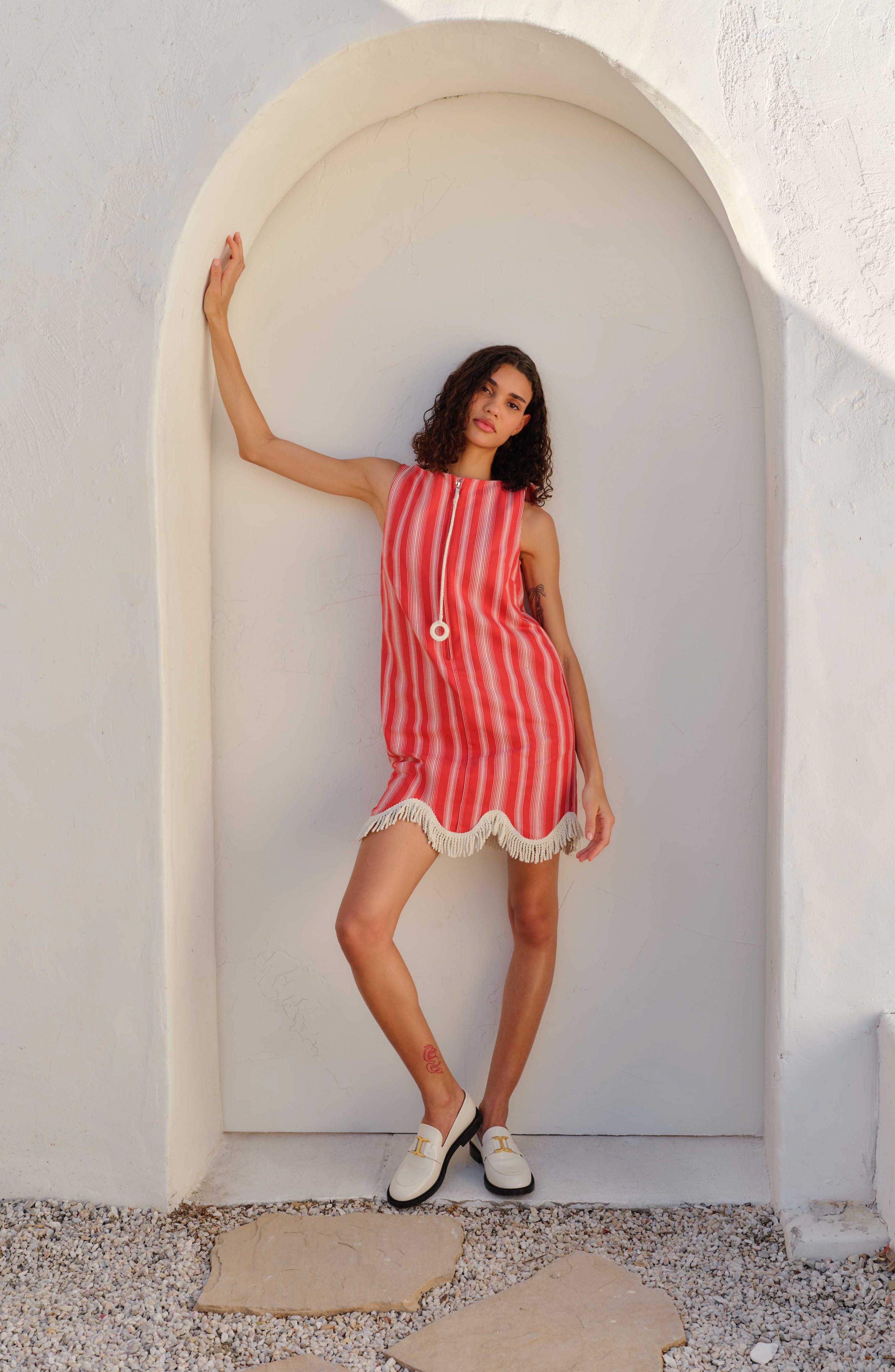 Bode Parasol Stripe Cotton Shift Dress in Red/White at Nordstrom - 7