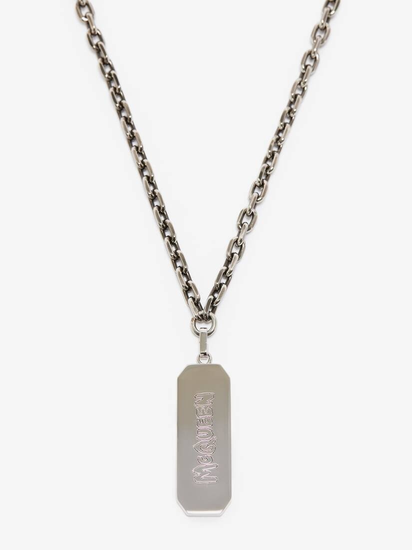 Men's McQueen Graffiti Tag Necklace in Antique Silver - 2