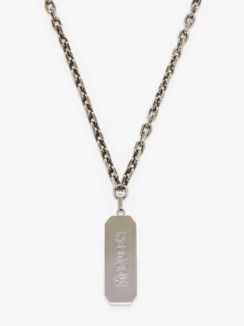 Alexander McQueen Men's McQueen Graffiti Tag Necklace in Antique Silver outlook