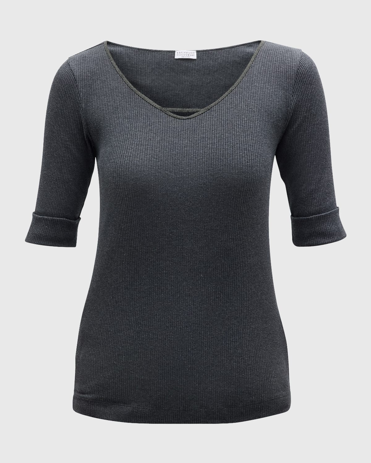 Cotton Stretch Ribbed Top with Monili Neckline - 1