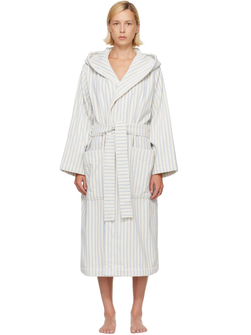 White & Blue Terry Hooded Bathrobe - 1