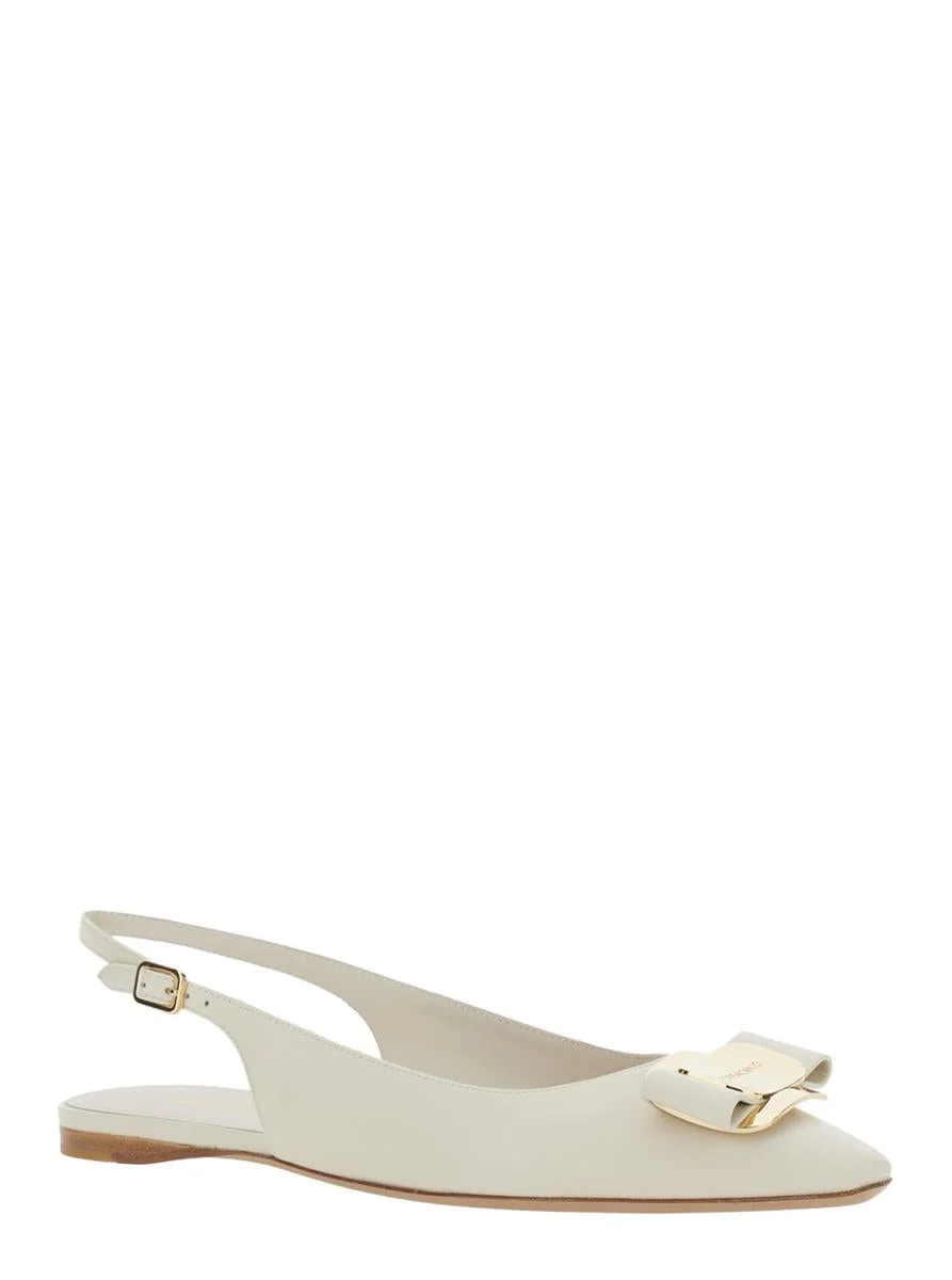 Salvatore Ferragamo 'Zelmi' White Slingback Ballet Shoes With Logo Plaque On The Front In Leather Wo - 1