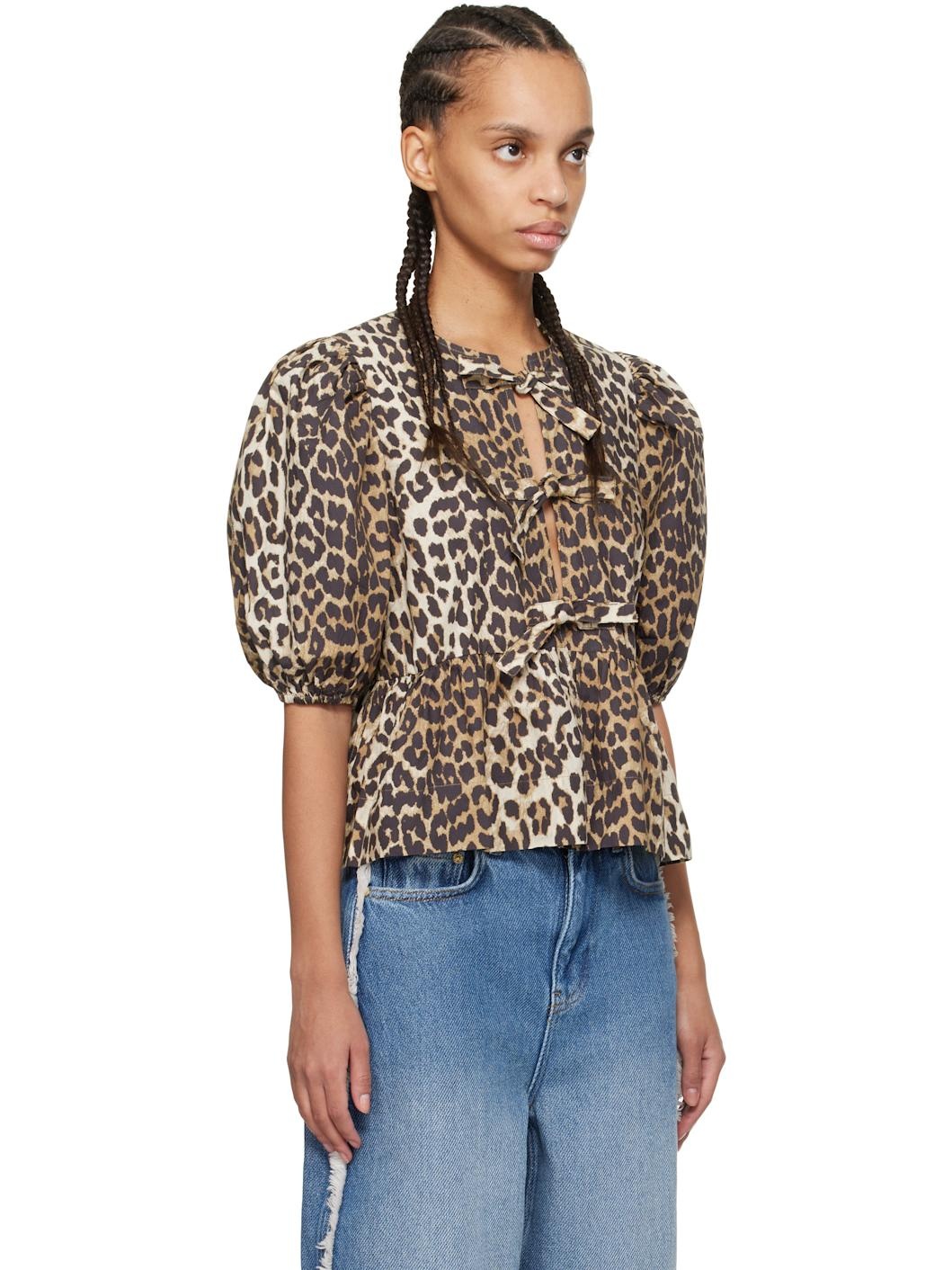Brown Cotton Poplin Peplum Tie Blouse - 2