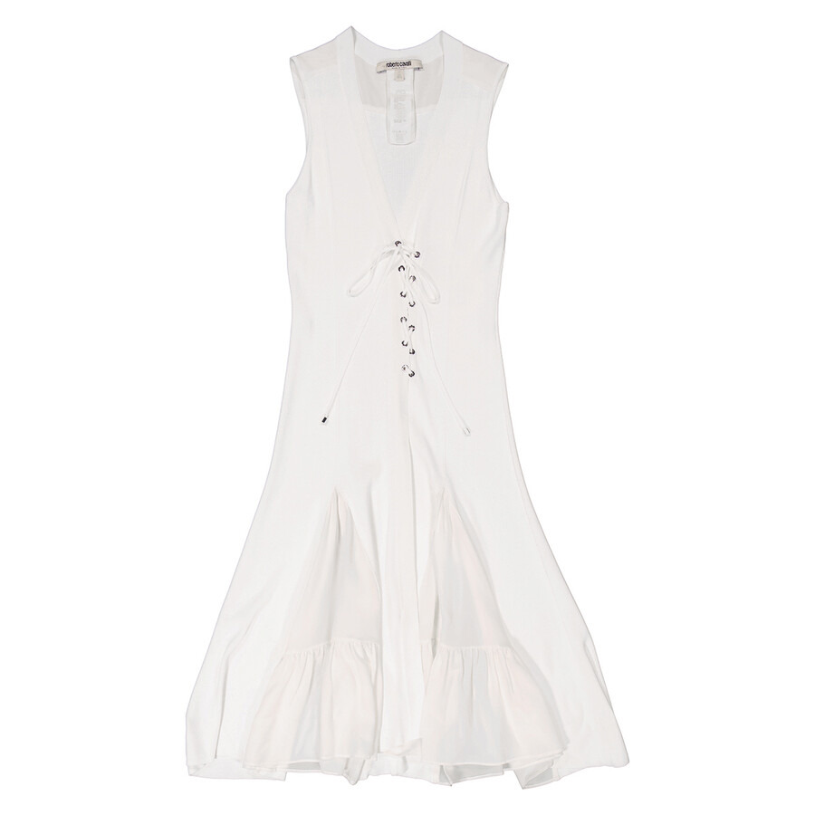 Roberto Cavalli Ladies Natural White Viscose And Silk V-Neck Dress - 2