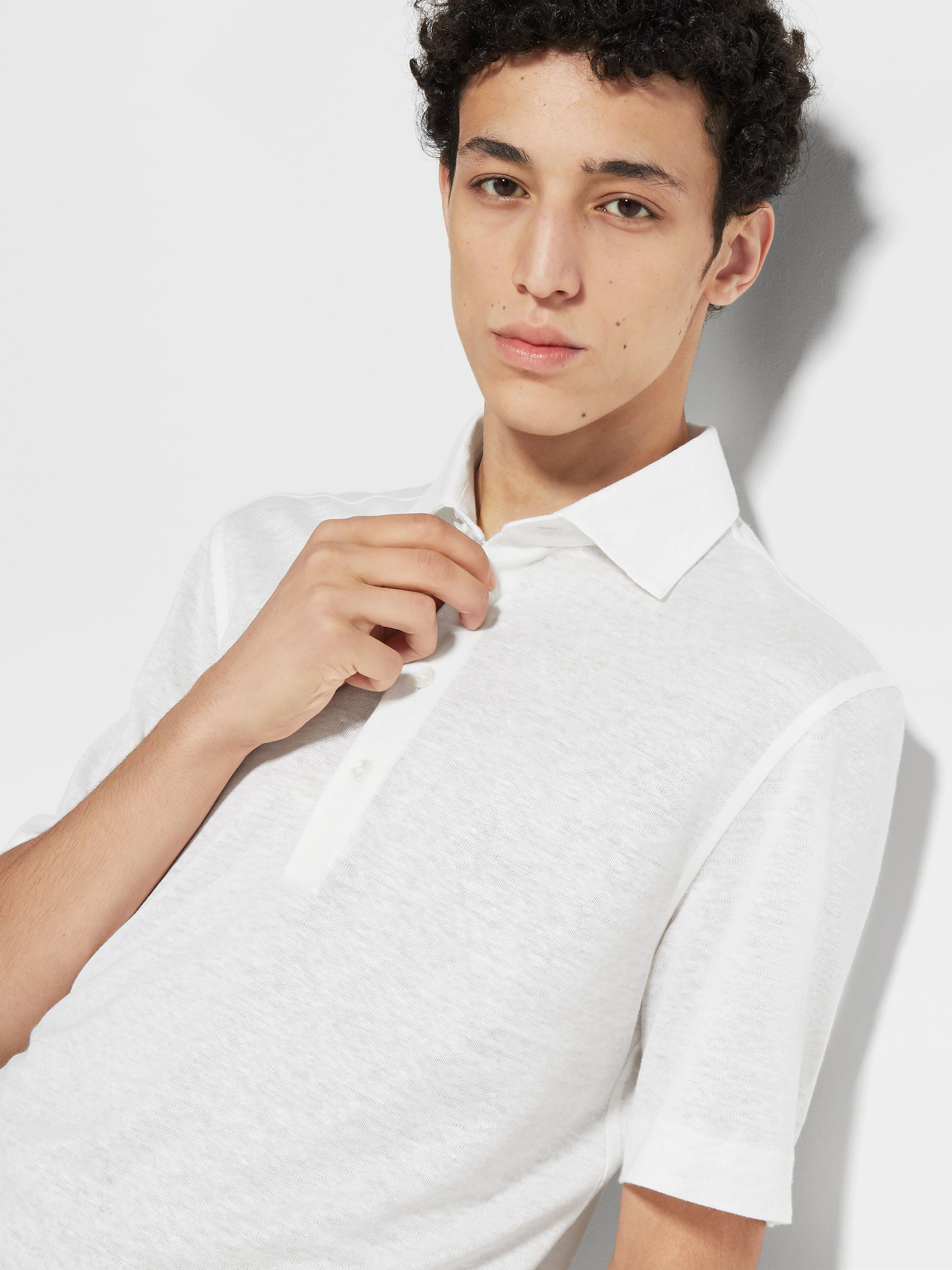 OPTICAL WHITE LINEN POLO SHIRT - 2