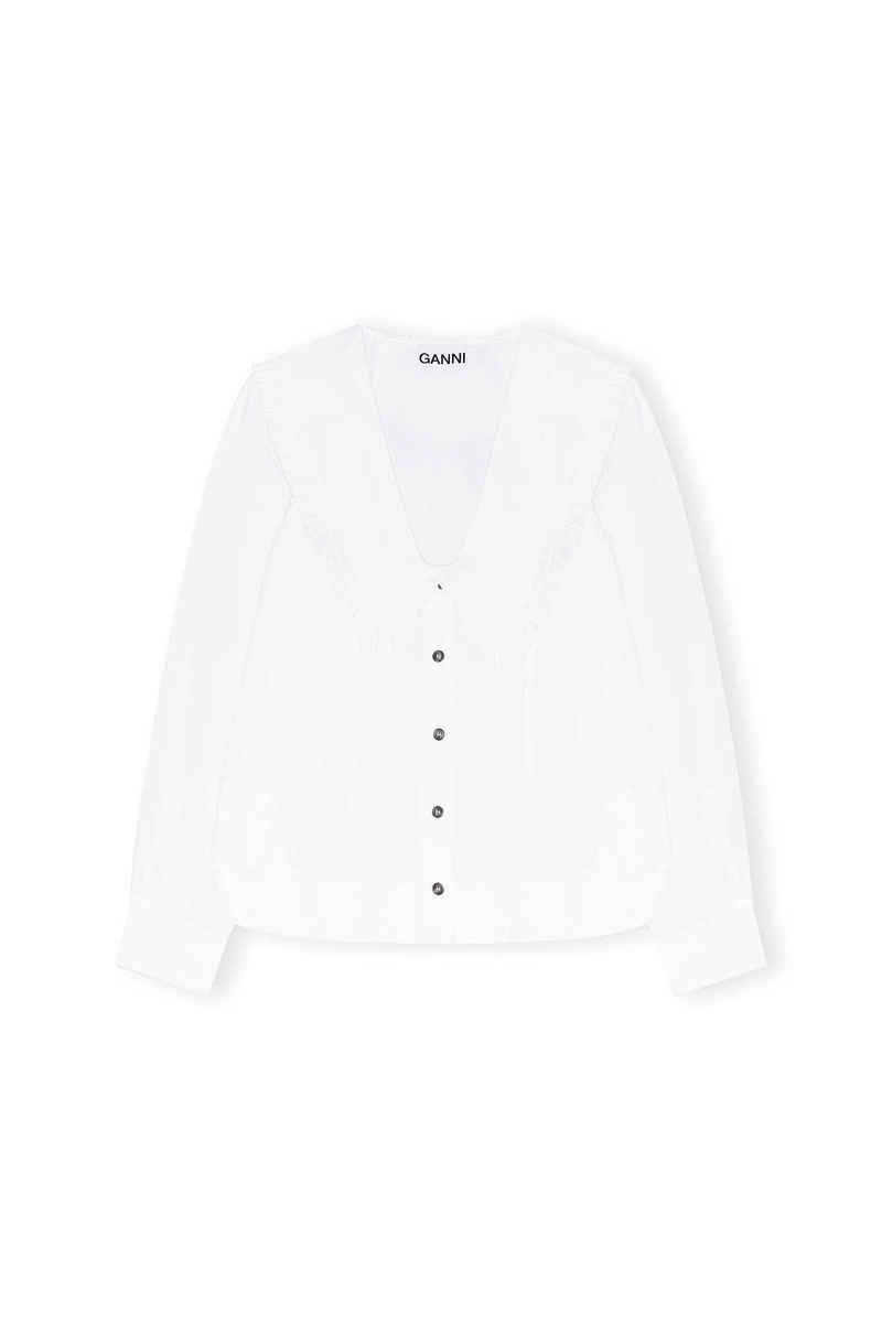 COTTON POPLIN V-NECK FRILL COLLAR SHIRT - 1