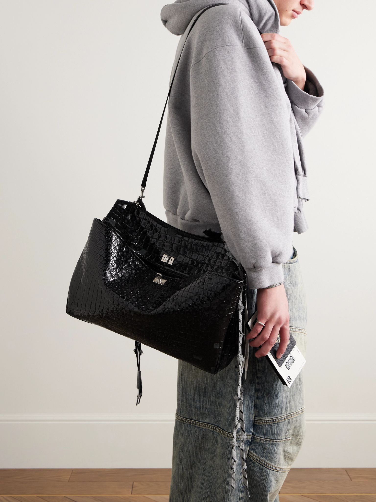 Rodeo Large Distressed Croc-Effect Glossed-Leather Tote Bag Black - 6