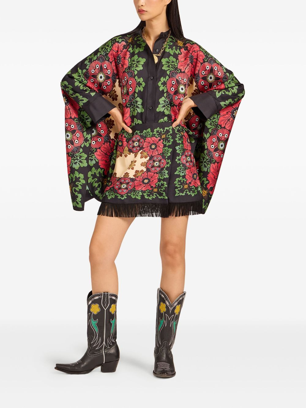 floral-print fringed skirt - 2
