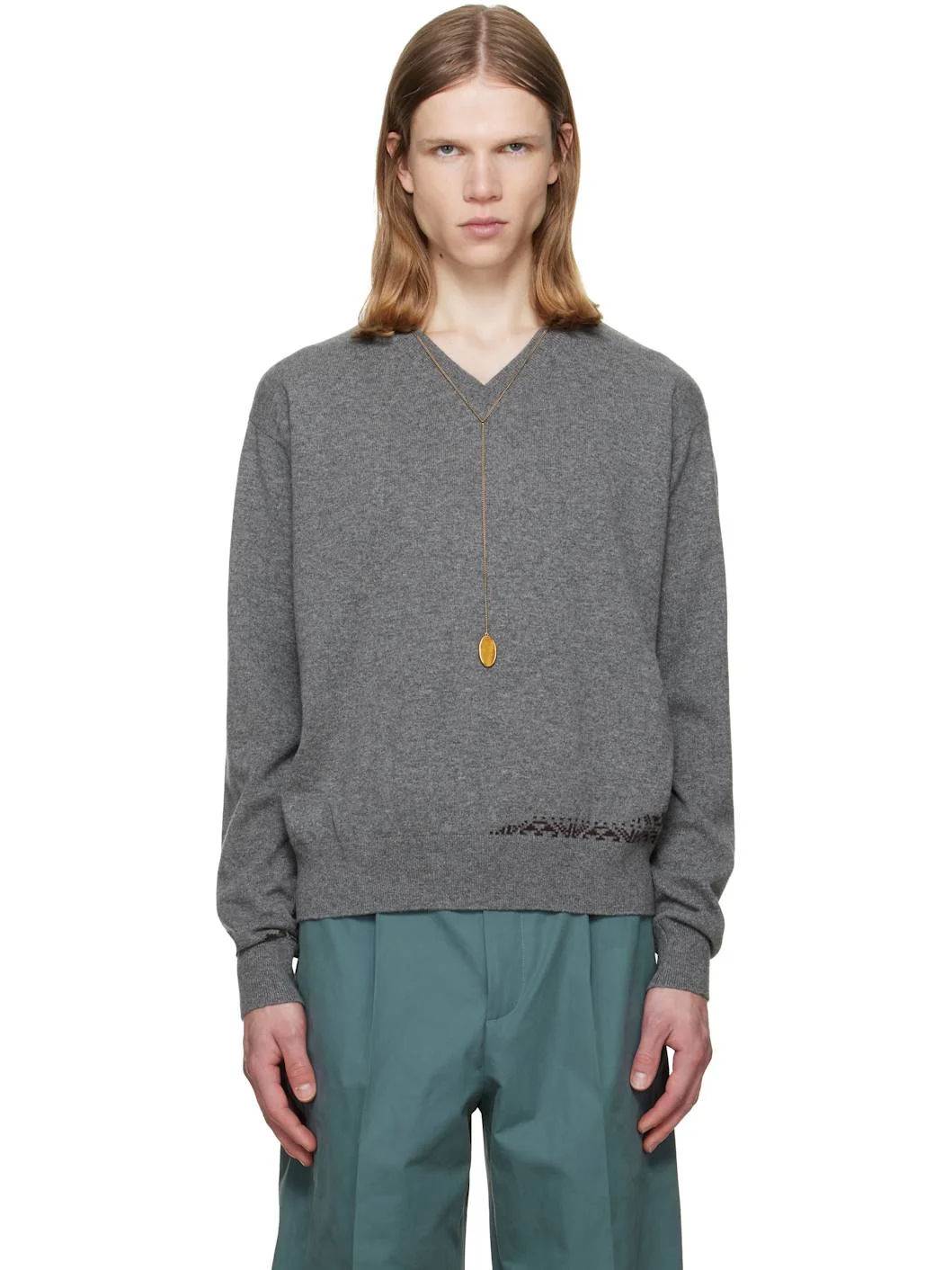 Gray Intarsia Cashmere Sweater - 1