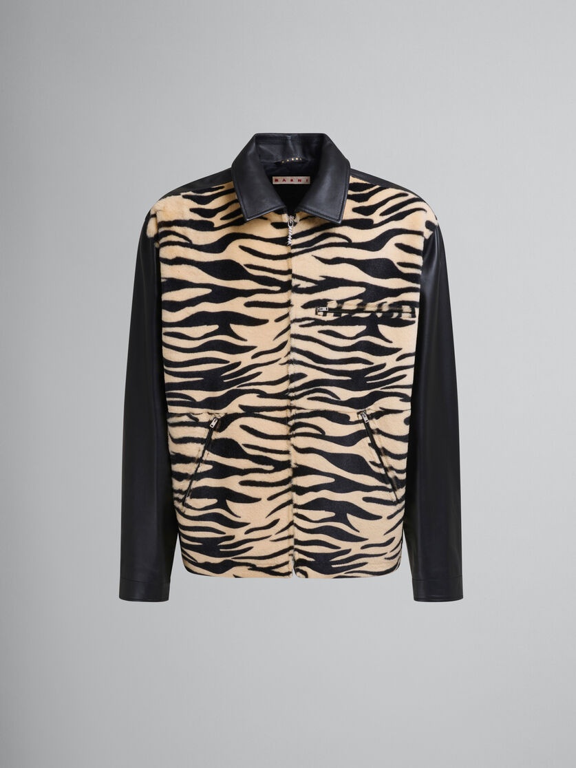 BLACK LEATHER AND TIGER PRINT SHEARLING JACKET - 1