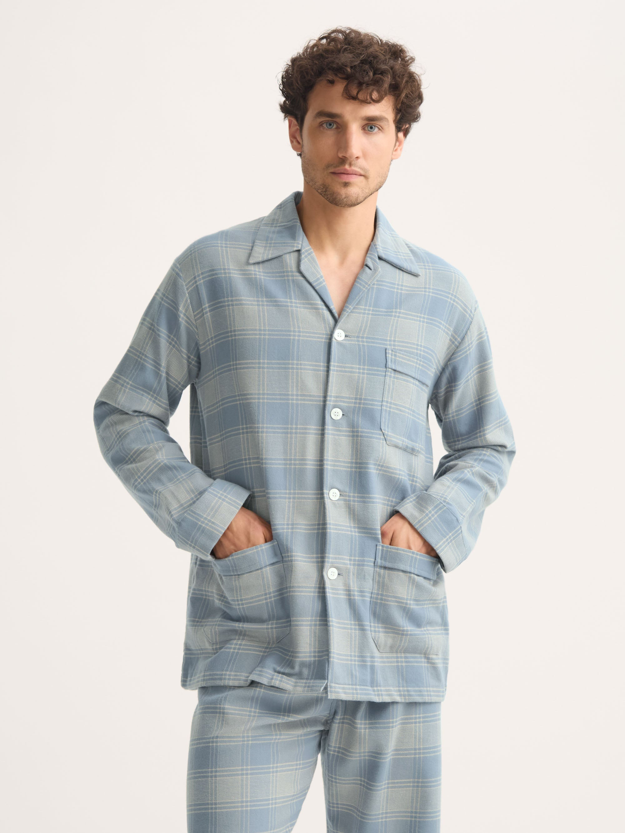 Men's Classic Fit Pajamas Kelburn Brushed Cotton Storm Blue & Ecru Check - 4