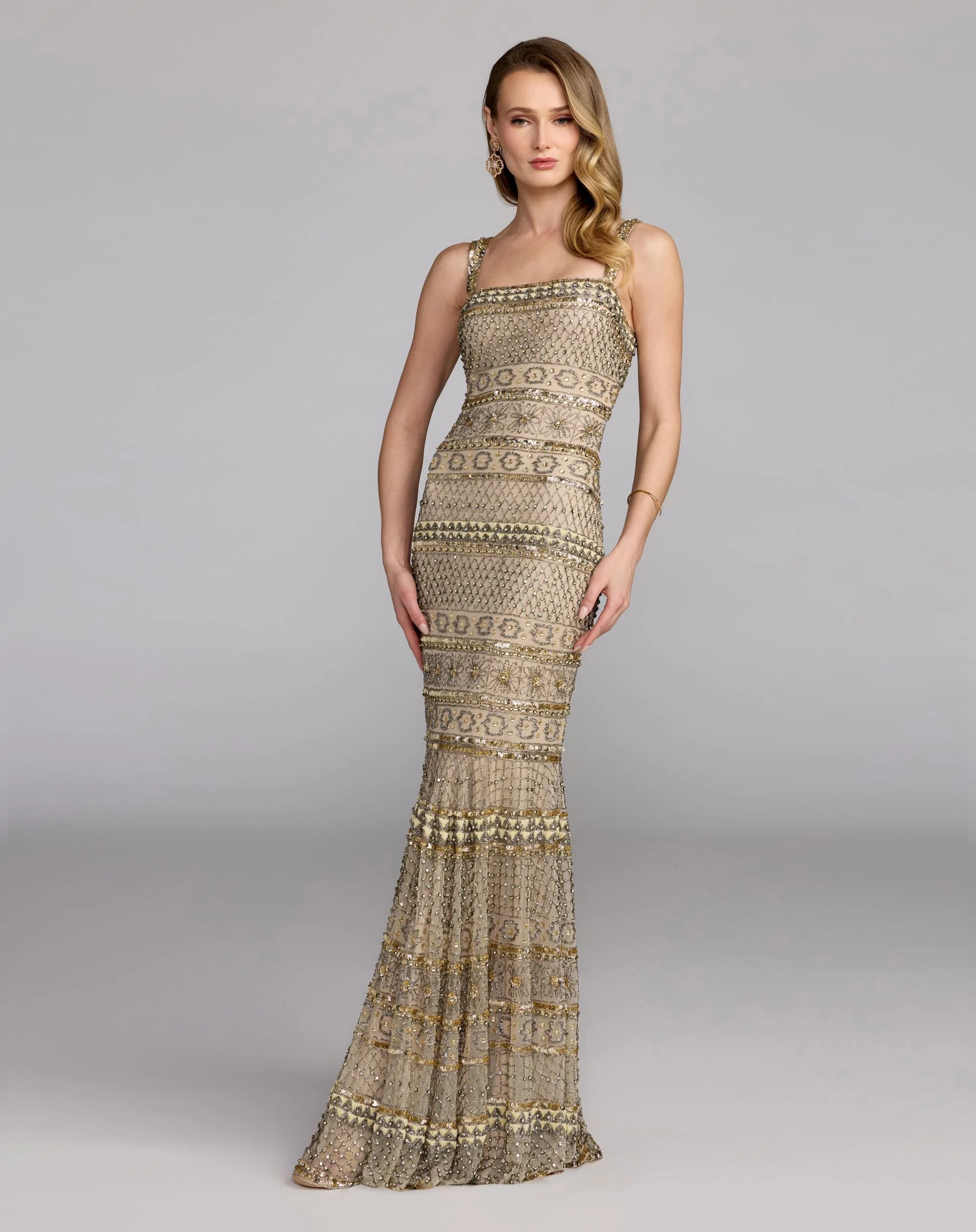 Nude Gold Sleeveless Square Neck Beaded Gown - 1