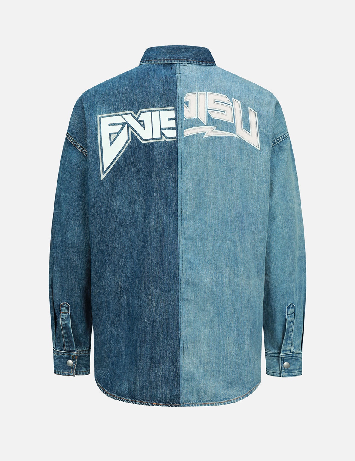 LOGO PRINT AND APPLIQUÉ HALF & HALF DENIM SHIRT - 2