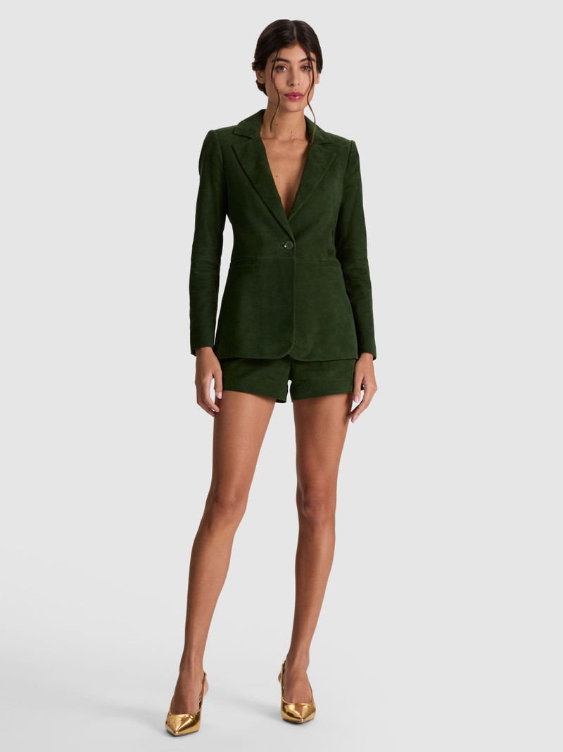 MACEY SUEDE CINCH WAIST BLAZER - DARK FERN 3