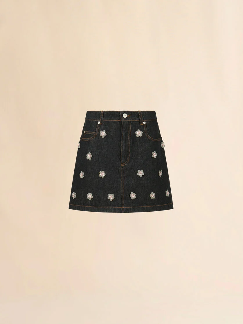 BLACK DENIM SKIRT WITH DAISY APPLIQUÉS - 1
