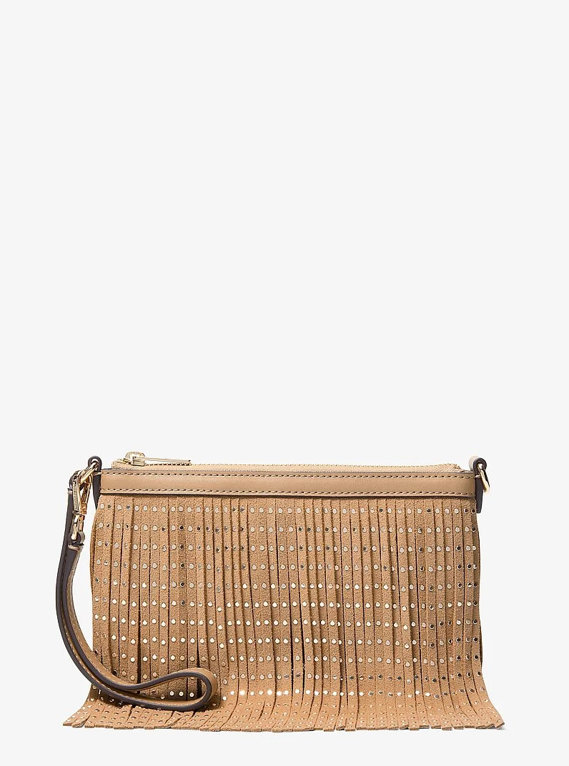 Studded Fringed Polyester Microsuede Wristlet - 1