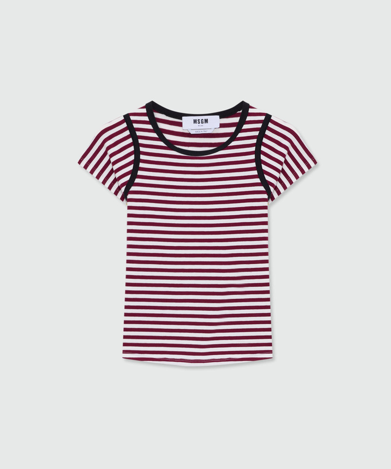 Burgundy striped short-sleeve cotton jersey T-shirt with contrast trims 1