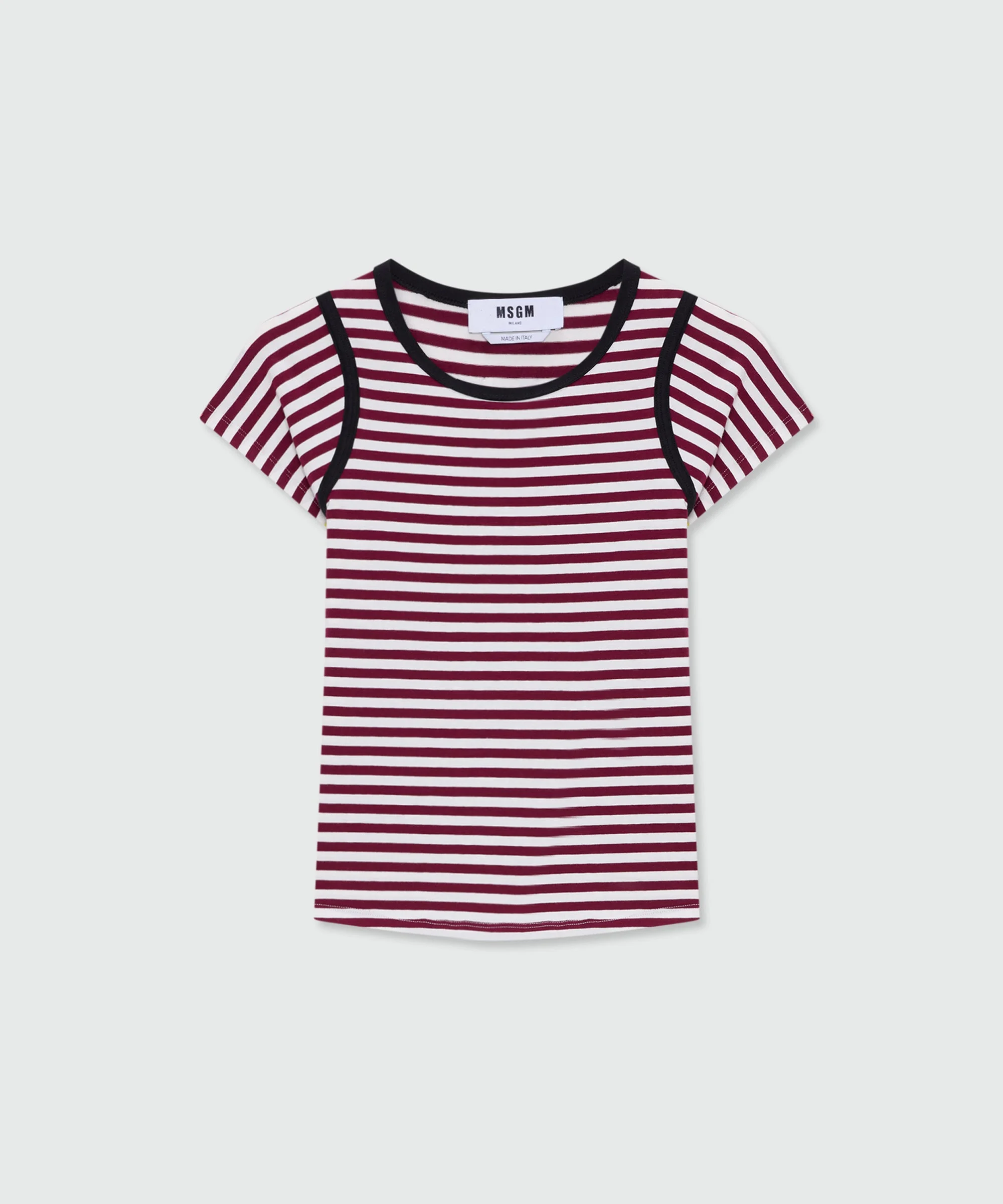 Burgundy striped short-sleeve cotton jersey T-shirt with contrast trims - 1