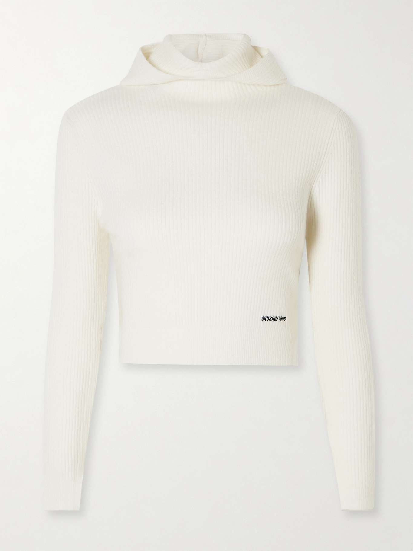 Hooded cropped bow-embellished ribbed wool-blend turtleneck sweater - 1