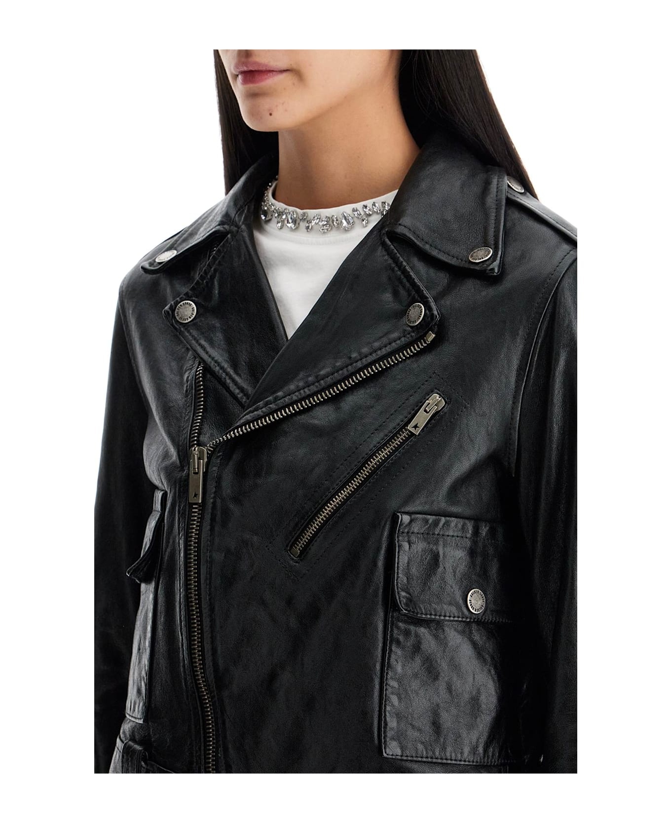 Shiny Black Sheepskin Biker Jacket With Sturdy Zip - 4