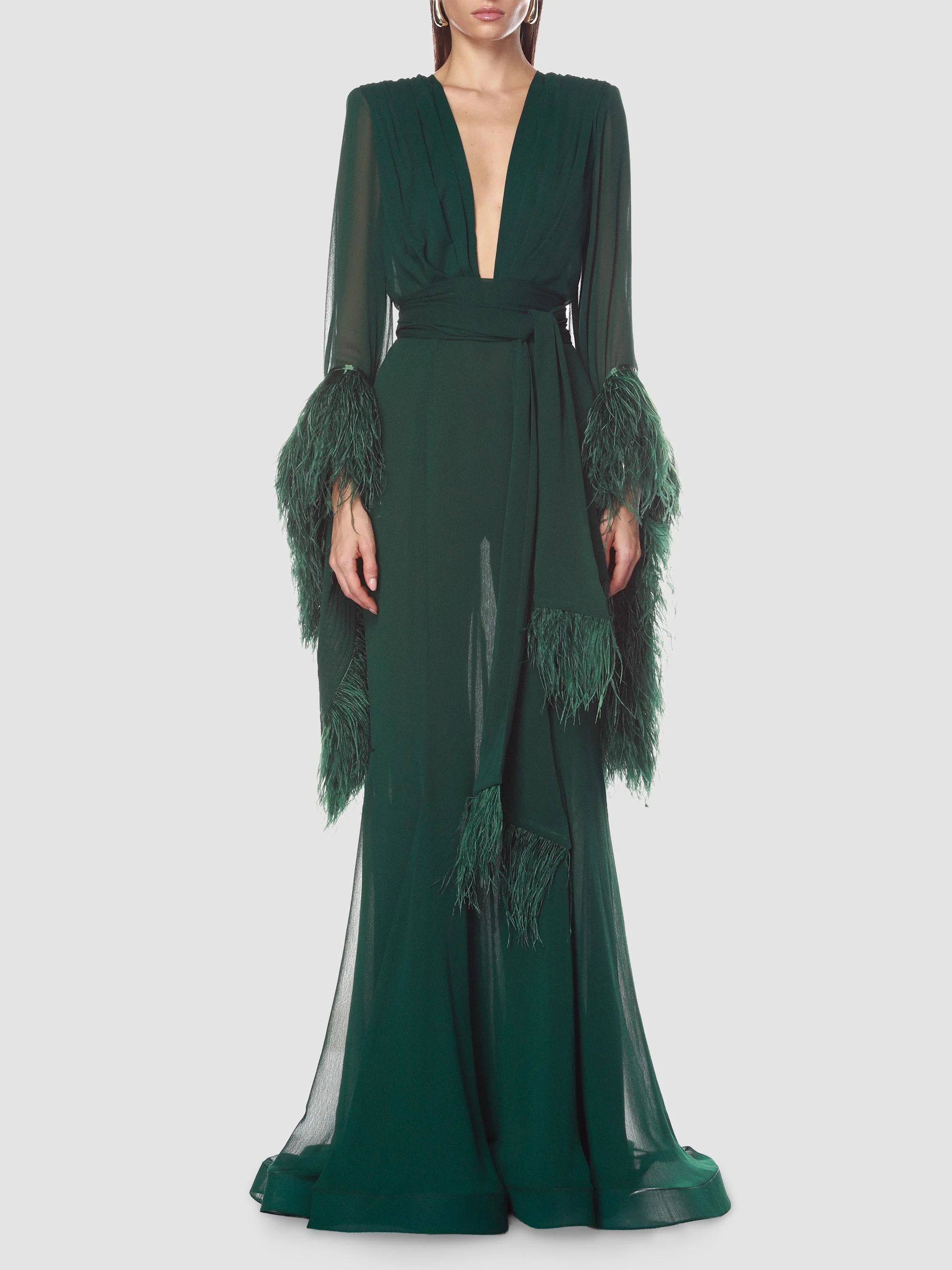 Women's Geisha Feather-Trim Chiffon Gown - Green - 1