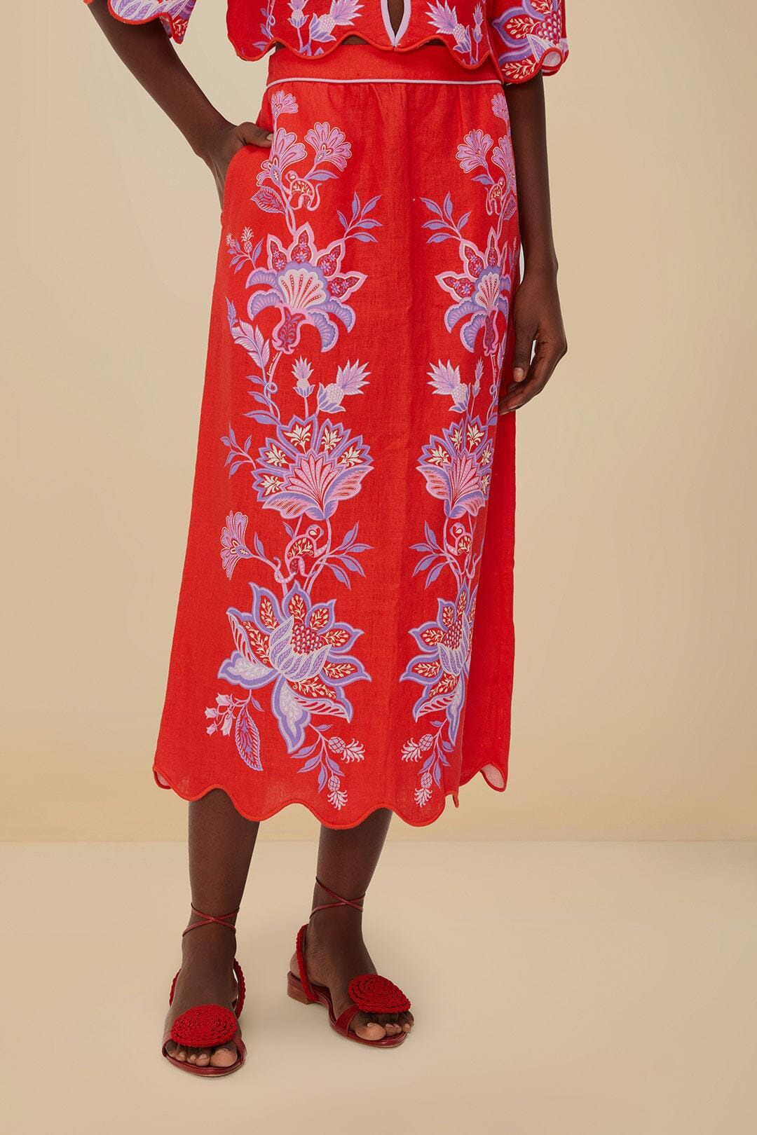 Red Porcelain Garden Euroflax™ Premium Linen Midi Skirt - 3