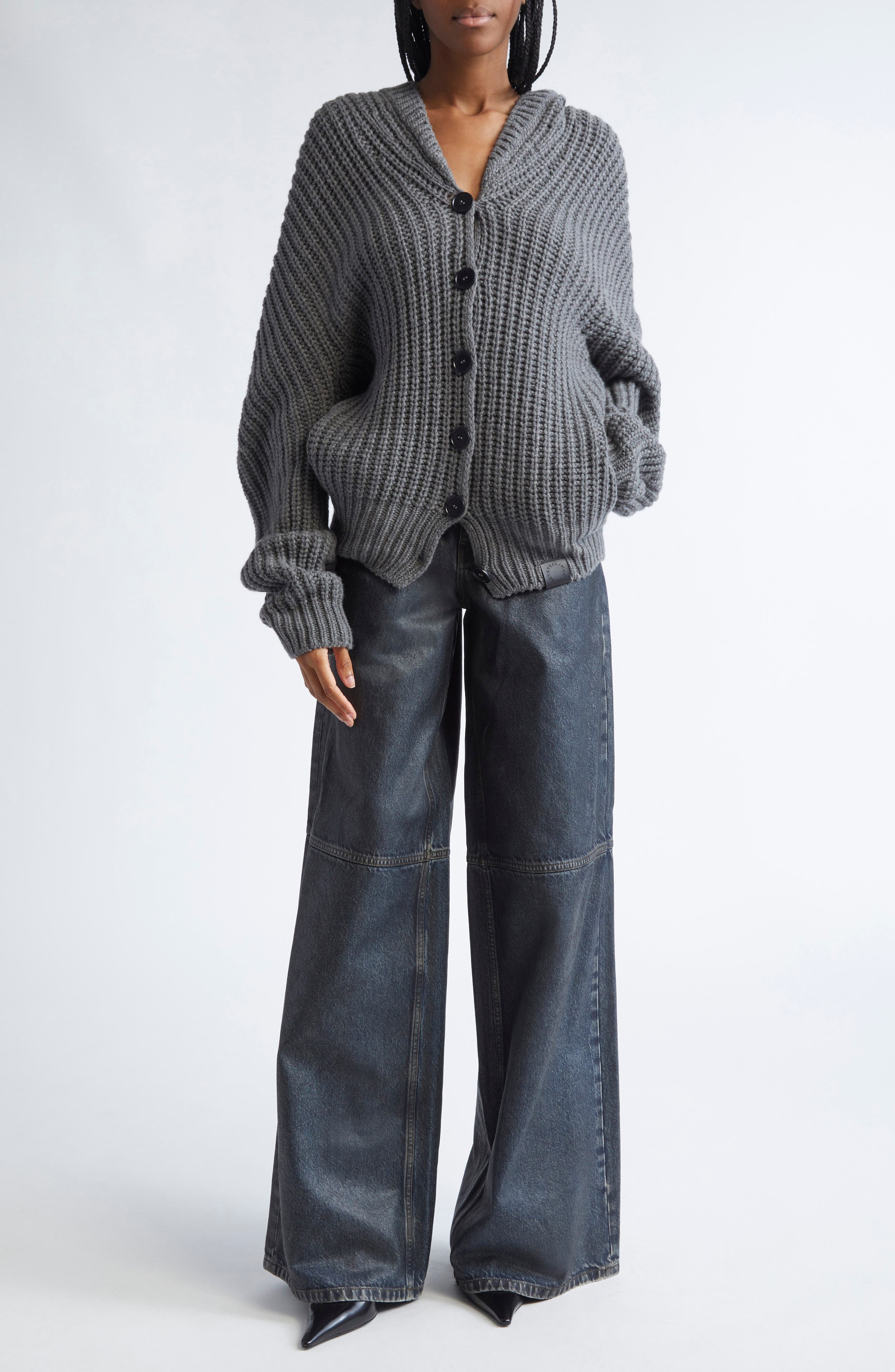 Stella McCartney Hooded Oversize Recycled Cashmere & Virgin Wool Rib Cardigan in Dark Grey Melange a - 2