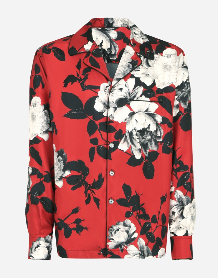 Camellia-print silk pajama shirt - 1