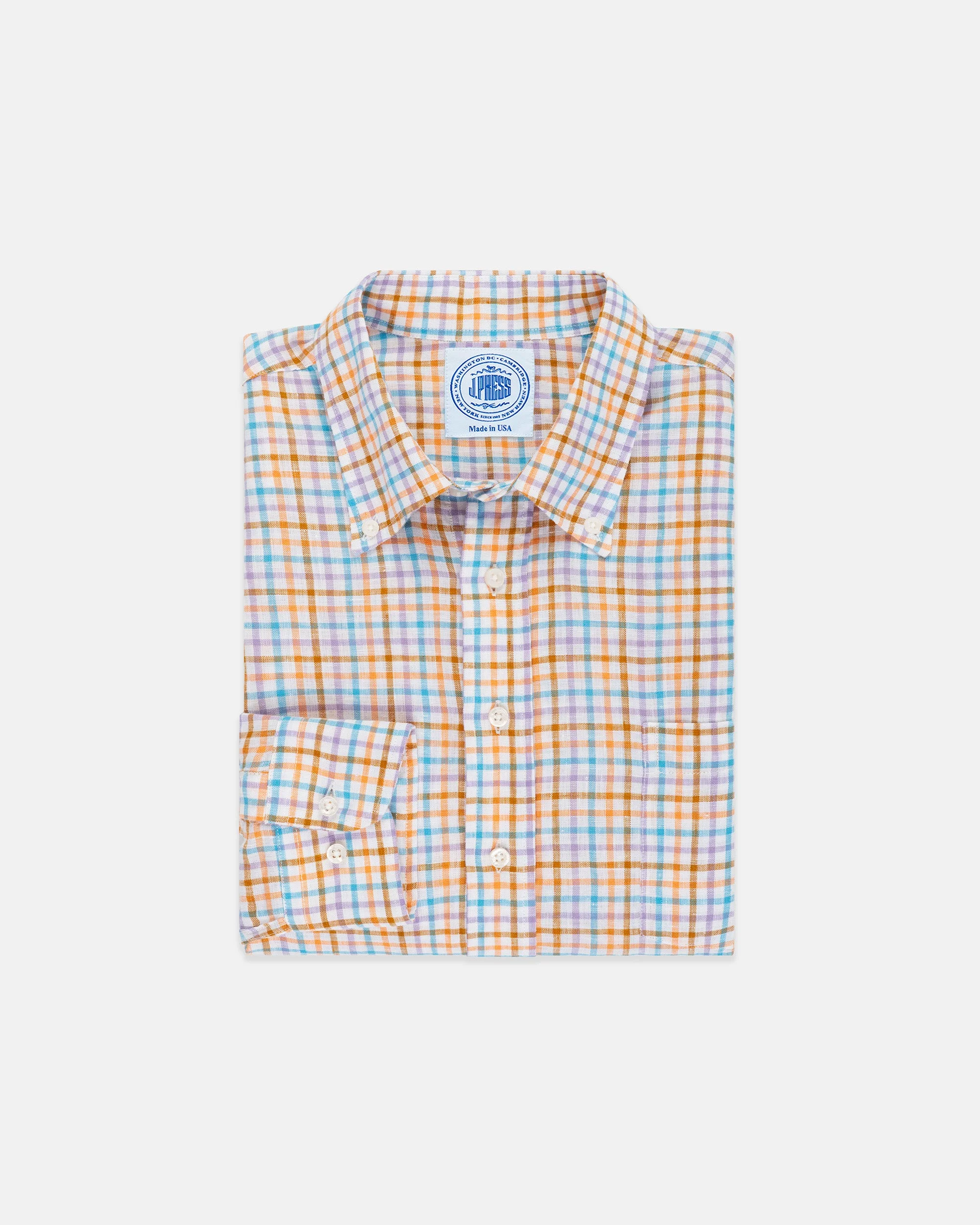 TEAL & ORANGE TATTERSALL  LINEN SPORT SHIRT - CLASSIC FIT - 1
