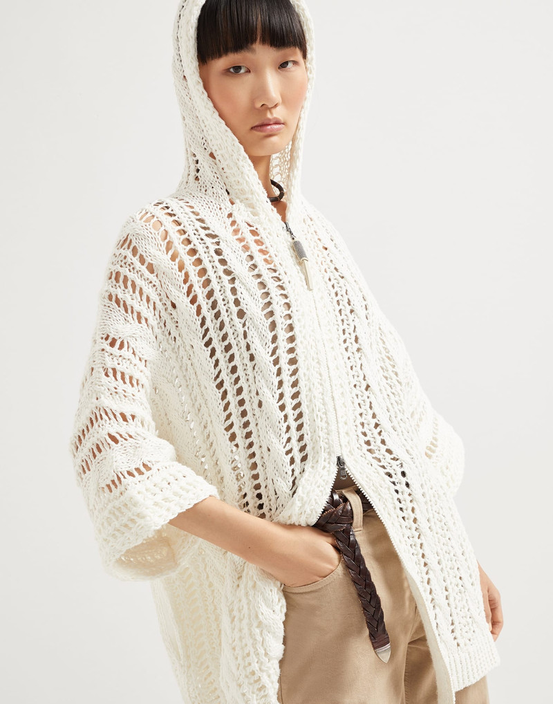 Jute and cotton cable & mesh hooded cardigan with shiny zipper pull 4