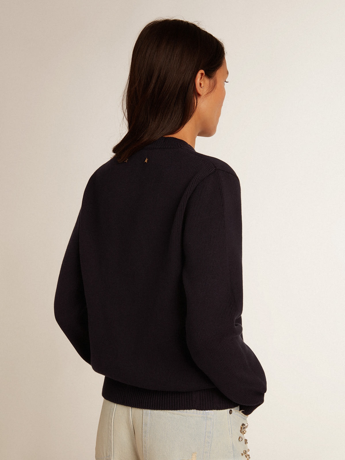 Women’s round-neck sweater in dark blue cotton - 4