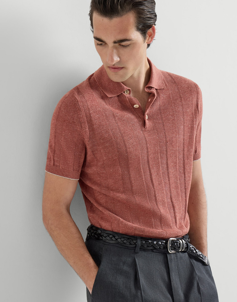 Linen and cotton wide rib knit polo 5