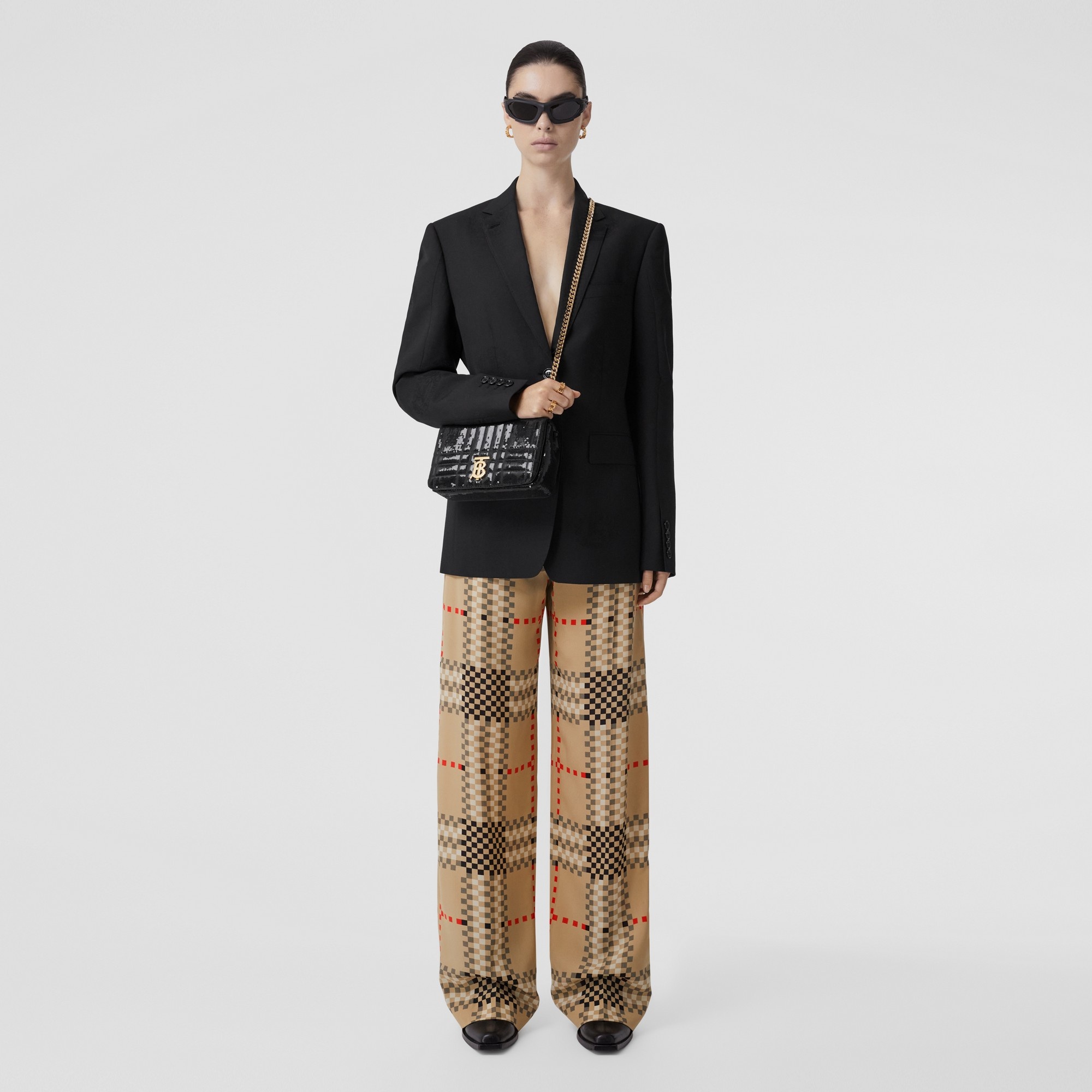 Pixel Check Silk Crepe de Chine Wide-leg Trousers - 5